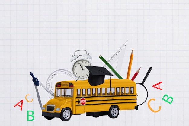 Концепция «Снова в школу» Желтый школьный автобус с разнообразными школьными принадлежностями