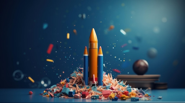 Back to school creative banner Rocket ship launch made with pencils Online learning digital
