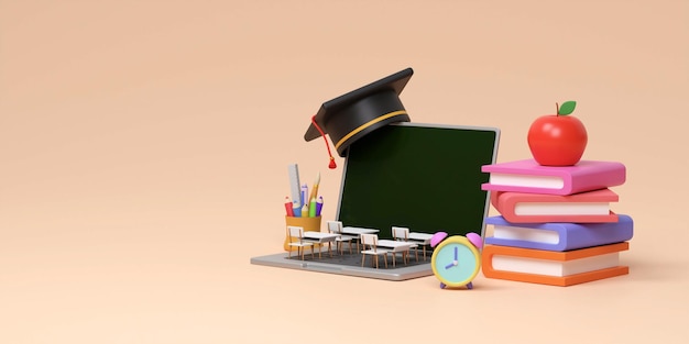 Back to school education background Computer programing class room 3D render illustration