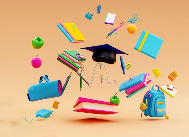 back to school education background concept with falling and balancing school accessories an