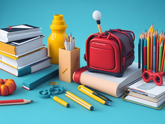 Back to school education background concept with school accessories and items 3d render illustration