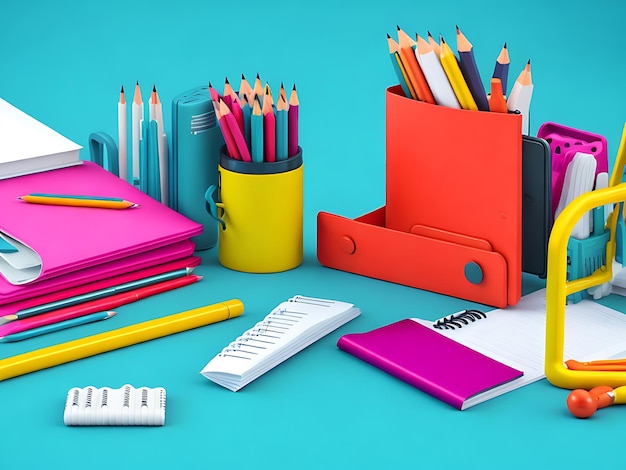 Back to school education background concept with school accessories and items 3d render illustration