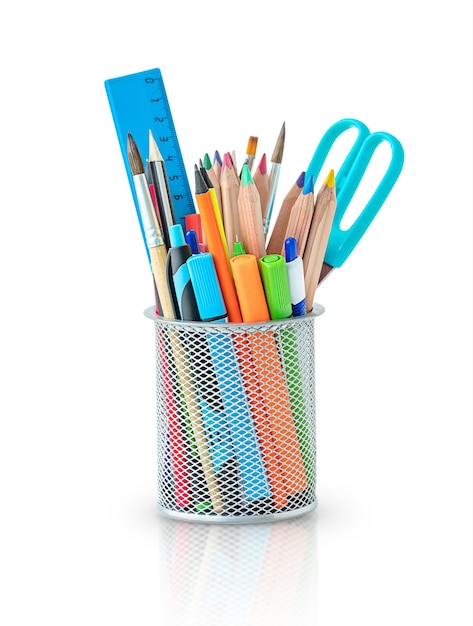 Back to school and education concept Container of stationery isolated on a white background