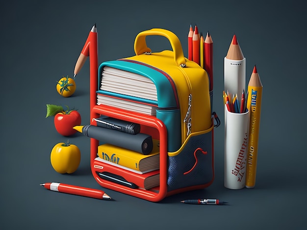 Назад в школу образовательная иллюстрация фона с школьной сумкой и принадлежностями