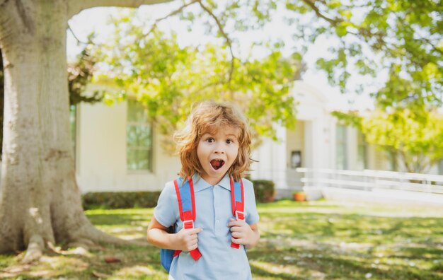 学校に戻る興奮した子供は、クラスの初日に小学校の驚いた生徒の準備ができています