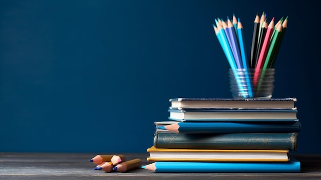 Photo back to school front view student table with bluecopy space books and pencils