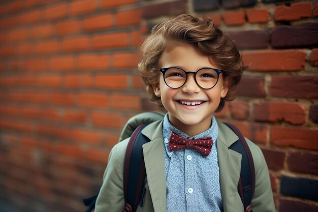 Back to school Funny little boy in glasses pointing up on blackboard Child from elementary school with book and bag Education