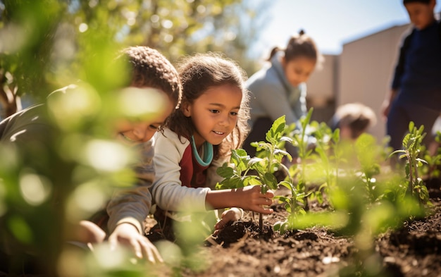 学校に戻り、学校の庭で子供たちが植物の世話をする