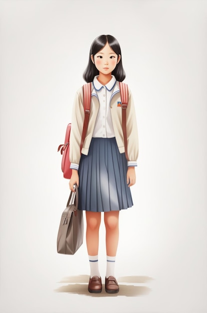 学校へ戻る 幸せなアジア人女の子のバックパック 最初の日