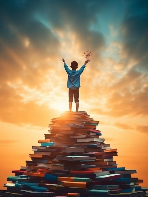 Photo back to school happy cute industrious child standing on the tower of books on background of sunset