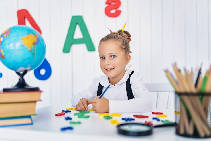 Photo back to school. happy smiling pupil at the desk. child in the class room with pencils, books. kid girl from primary school. first day of fall.