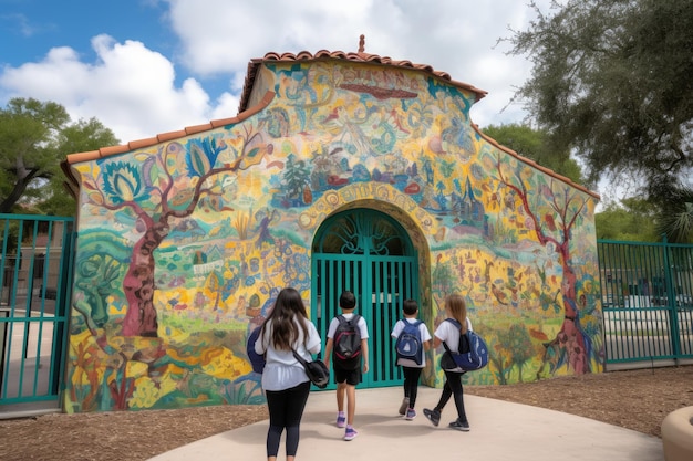 Back to school happy students historic building and lush nature generative IA