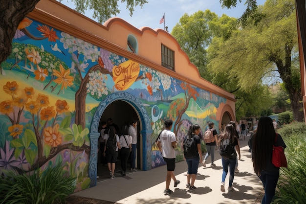 Back to school happy students historic building and lush nature generative IA