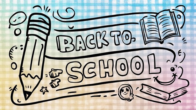 Foto banner orizzontale di back to school con sfondo di carta a scacchi e scarabocchi a matita sparsi