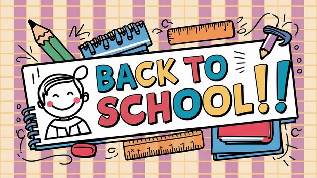 Back to School horizontal banner featuring a checkered paper background with pencil doodles scattered