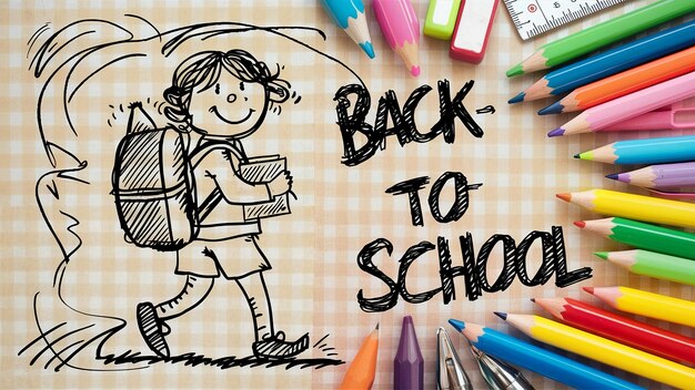 Foto banner orizzontale di back to school con sfondo di carta a scacchi e scarabocchi a matita sparsi