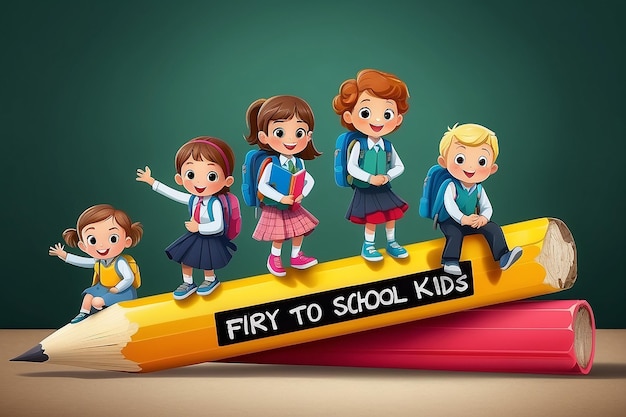 BACK TO SCHOOL KIDS RIDING ON PENCIL