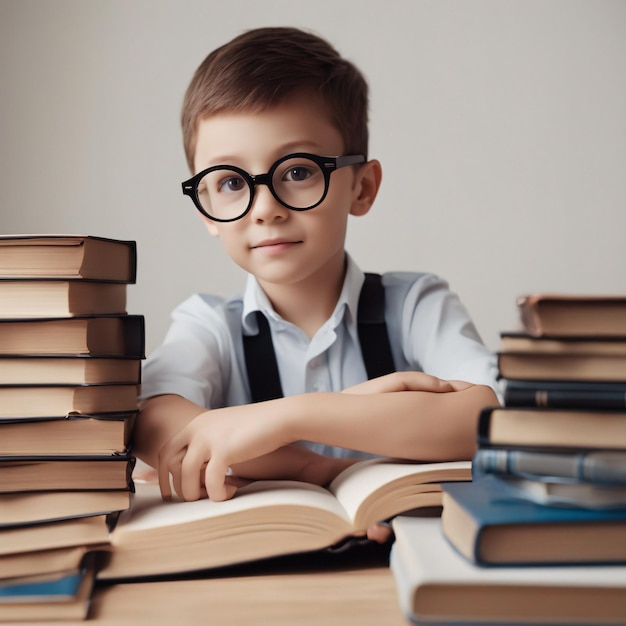 Back to School a little boy stack of books eager to learn on the table