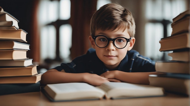 Back to School a little boy stack of books eager to learn on the table