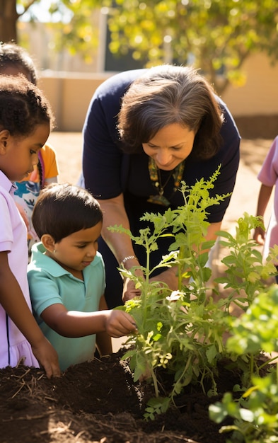Back to school multiethnic diversity school teacher and children gardening together in the school ga