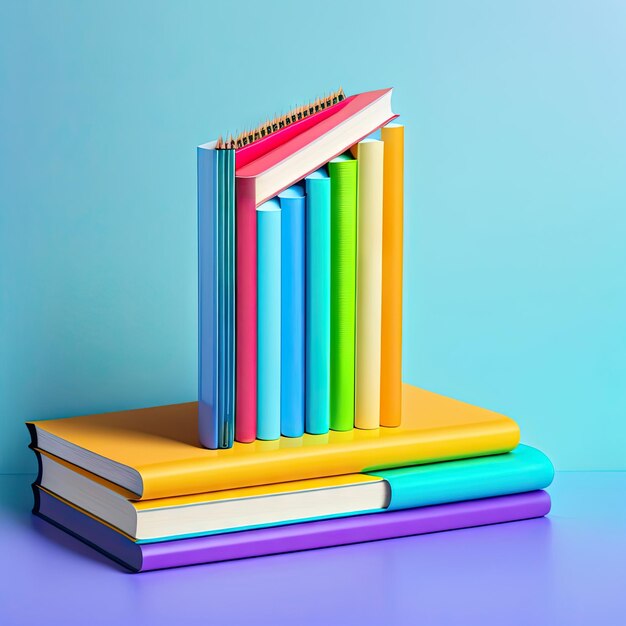 Back to school Notebook on a stack of colorful books Flat lay Copy space