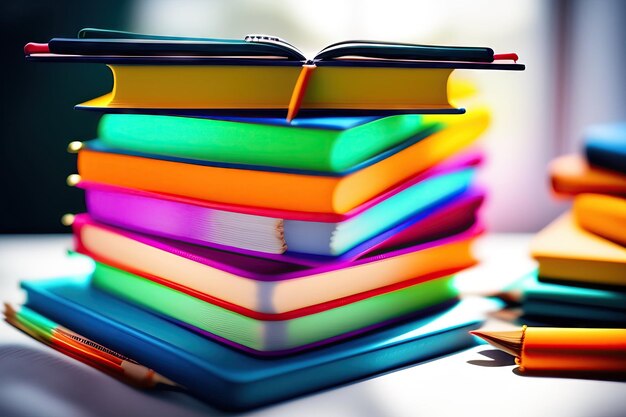 Back to school notebook on a stack of colorful books flat lay copy space