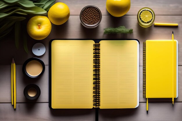Back to school Notebook on yellow desk Flat lay