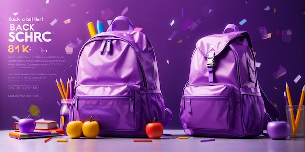 Back to school party flyer with violet backpack