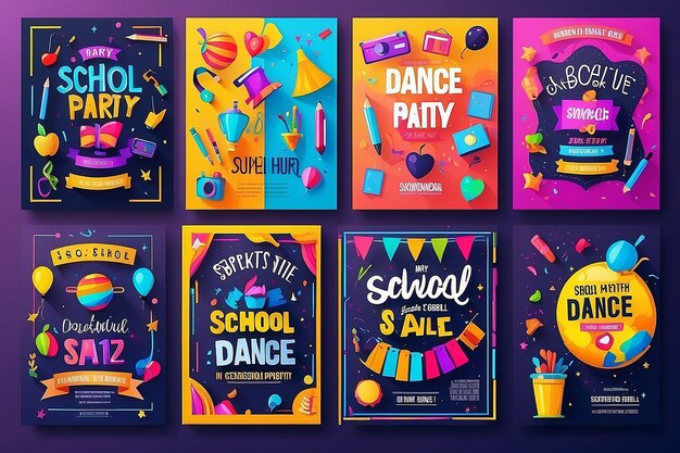 Photo back to school party posters set school dance party flyer