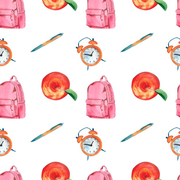 Back to school pattern pen alarm clock apple and pink backpack Watercolor illustration