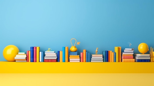 Photo back to school pile of books in colorful covers and on wooden table with empty blue background