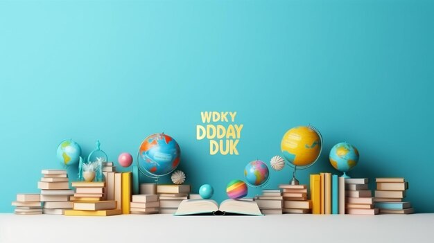 Back to school pile of books in colorful covers and on wooden table with empty blue background