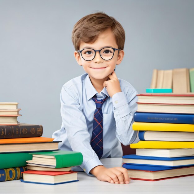 Back to School a precocious little boy with glasses and a stack of books eager to learn on the table