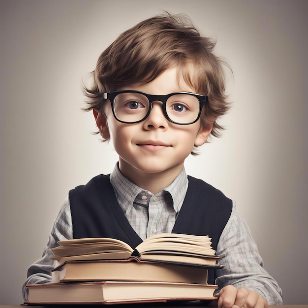 Back to School a precocious little boy with glasses and a stack of books eager to learn on the table