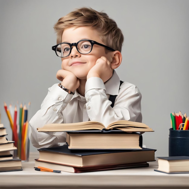 Back to School a precocious little boy with glasses and a stack of books eager to learn on the table