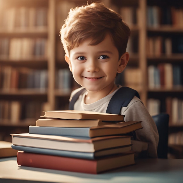 Back to School a precocious little boy with glasses and a stack of books eager to learn on the table