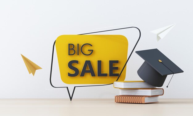 Photo back to school sale banner money with stack of books and cap or hat and sale yellow text and podium product stand in white background for education school shopping promotion 3d render illustration