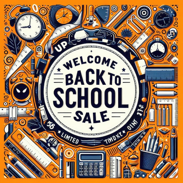 Foto banner di vendita di back to school con matite colorate e altri oggetti di apprendimento su doodles disegnati a mano