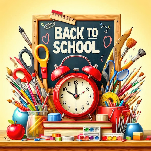 Back to School Sale banner with Colorful Pencil and Other Learning Items on Hand Drawn Doodles