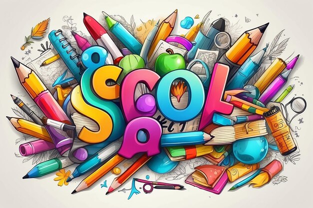 Back to school sale banner with colorful pencil and other learning items on hand drawn doodles