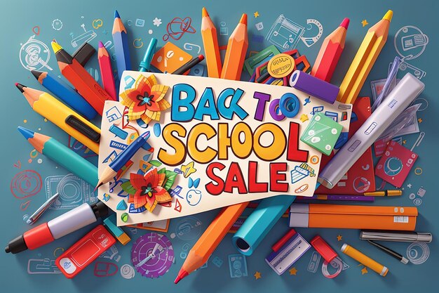 Photo back to school sale banner with colorful pencil and other learning items on hand drawn doodles