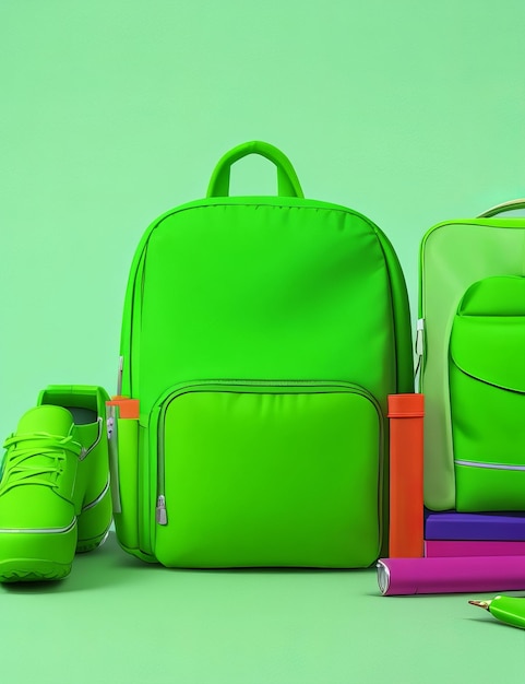 Back to school School accessories with school bag on green background with copy space ai generated