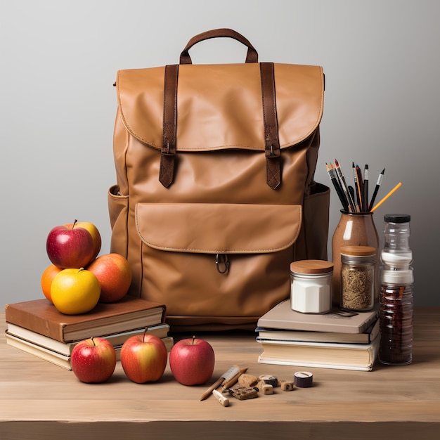 バック・トゥ・スクール: AIが作成したテーブルの上にある学校のバッグと道具