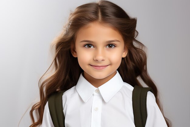 Back to school schoolgirl girl with backpack in uniform on light background