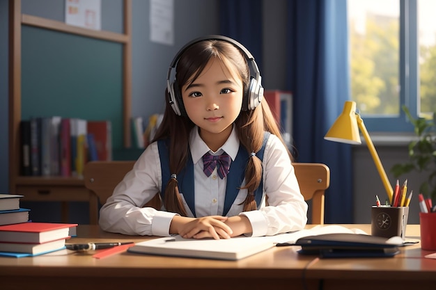 학교로 돌아가서 여학생은 책상에 앉아 음악을 듣습니다.