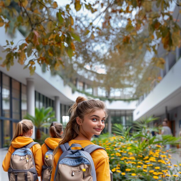 Back to School Sisters Girls in Orange Jackets Walking Together