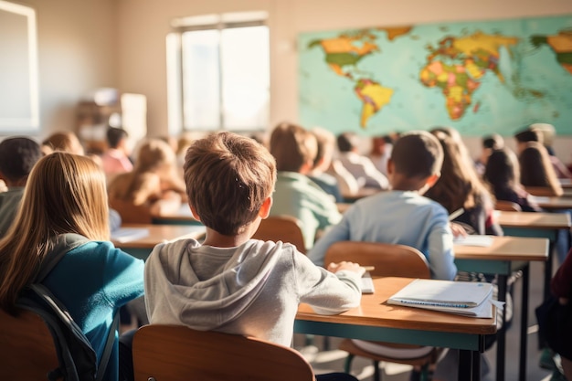 Back to school students in classroom rear view