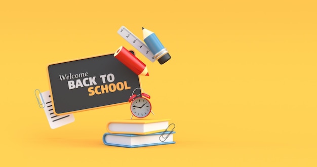 back to school supplies with black board 3d render