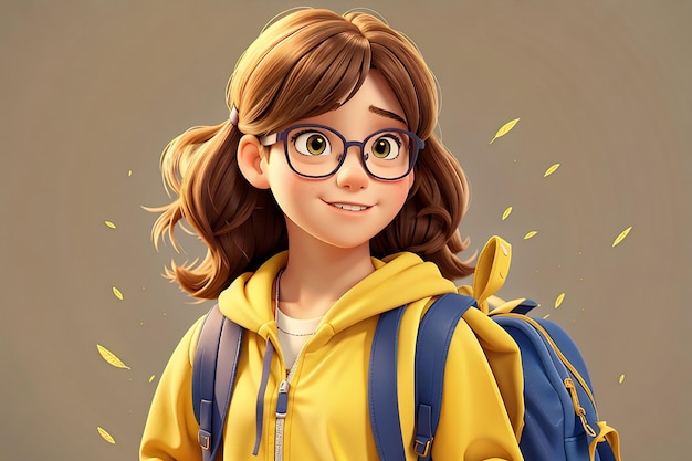 Back to school teenager child girl with wear glasses and school bag on yellow