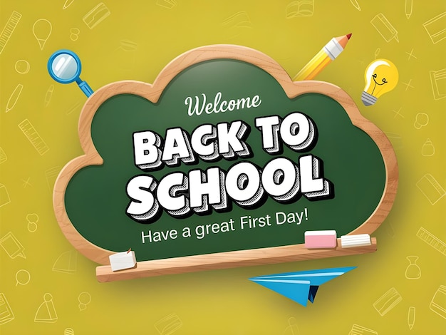 back to school text template design back to school greeting in green chalk board doodle style